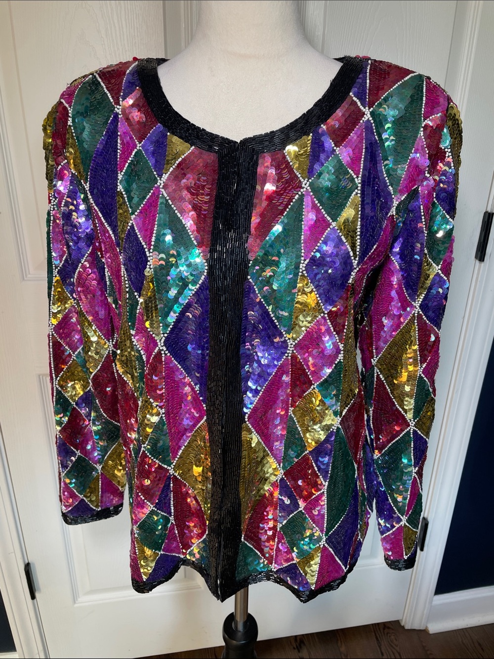 VTG 80s Jean for Joseph Le Bon Harlequin Diamond Sequin Silk Jacket Size Medium